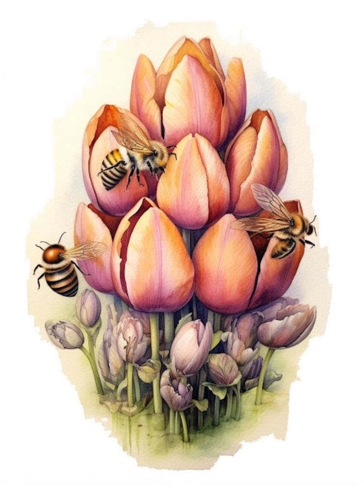 Beehive With Tulips Watercolour Illustration 3