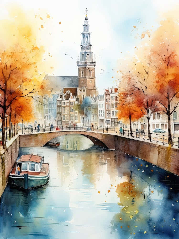 Amsterdam, Netherlands In Autumn Fall, Watercolour 3