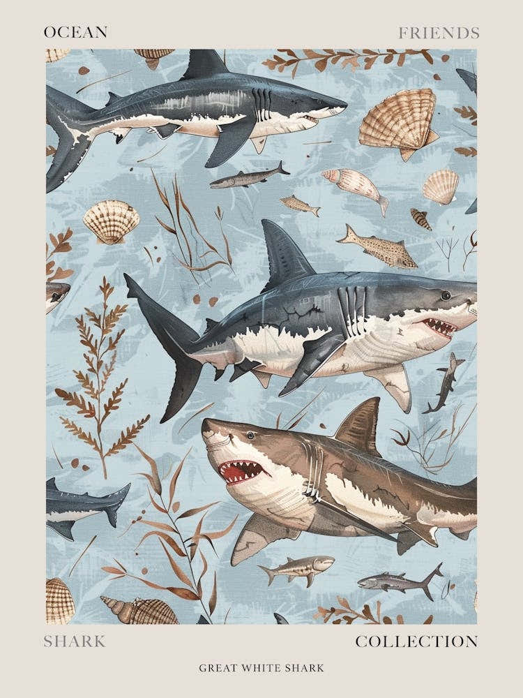 Pastel Blue Great White Shark Watercolour Seascape 4 Poster