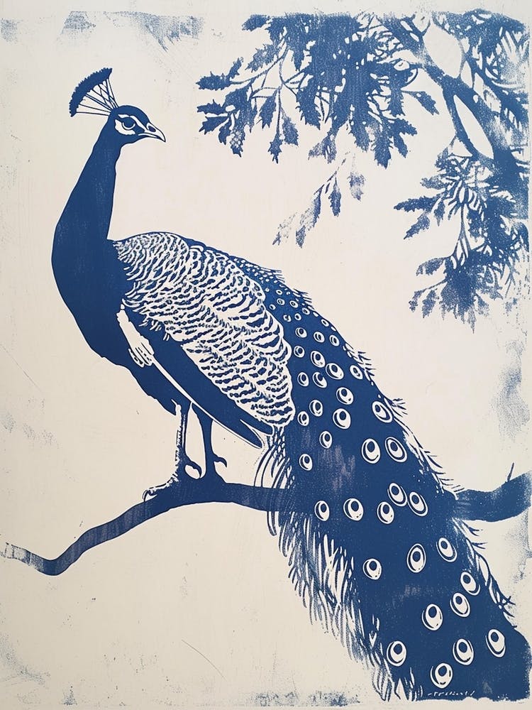 Navy Blue Linocut Inspired Peacock In A Tree 3