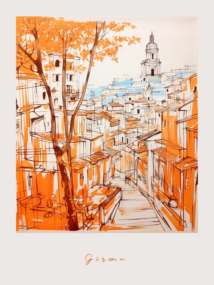 Girona Spain Orange Drawing Poster