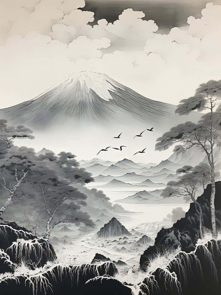 Mount Gassan In Yamagata, Ukiyo E Black And White Line Art Drawing 4