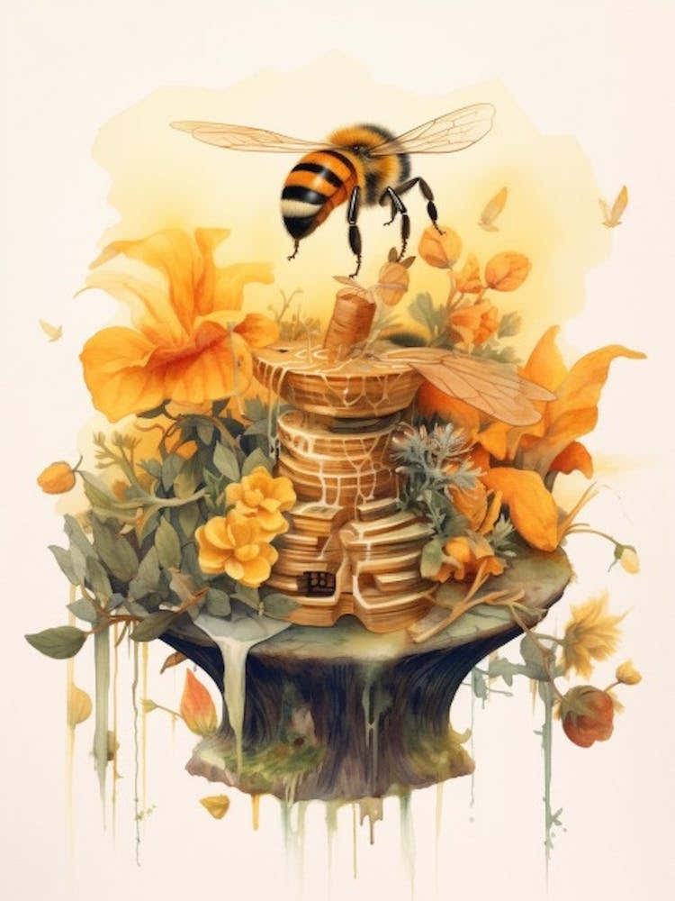 Orange Footed Flower Bee Beehive Watercolour Illustration 4