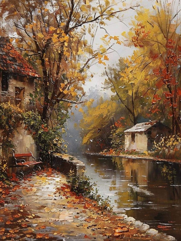 Autumn Riverside Walk | Beautiful Landscape Scenery Painting | Contemporary Fall for Feature Wall | Vibrant Beautiful Wall Decor in HD