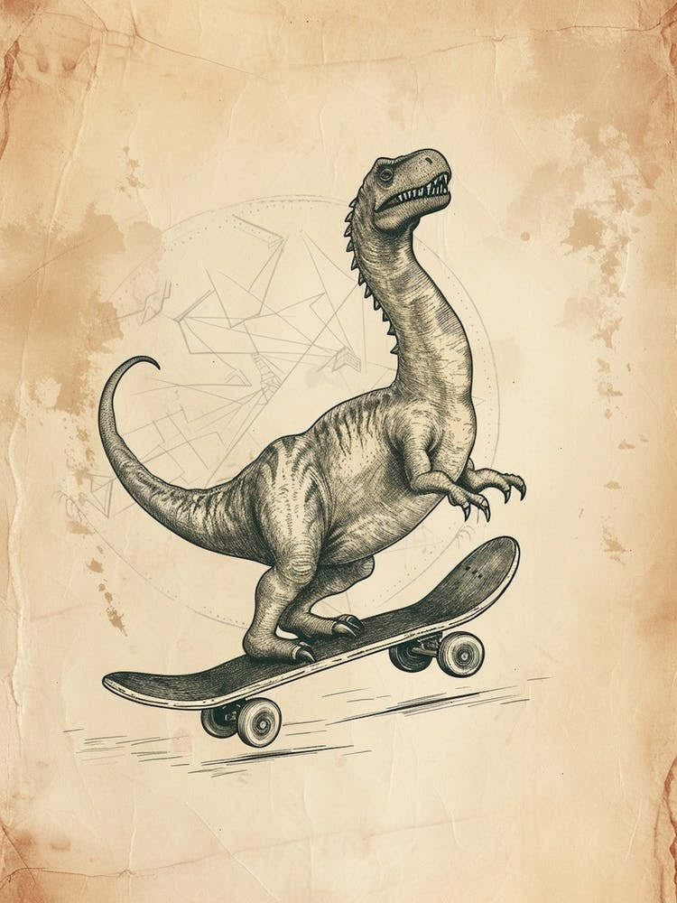 Vintage Brontosaurus Dinosaur On A Skateboard  2
