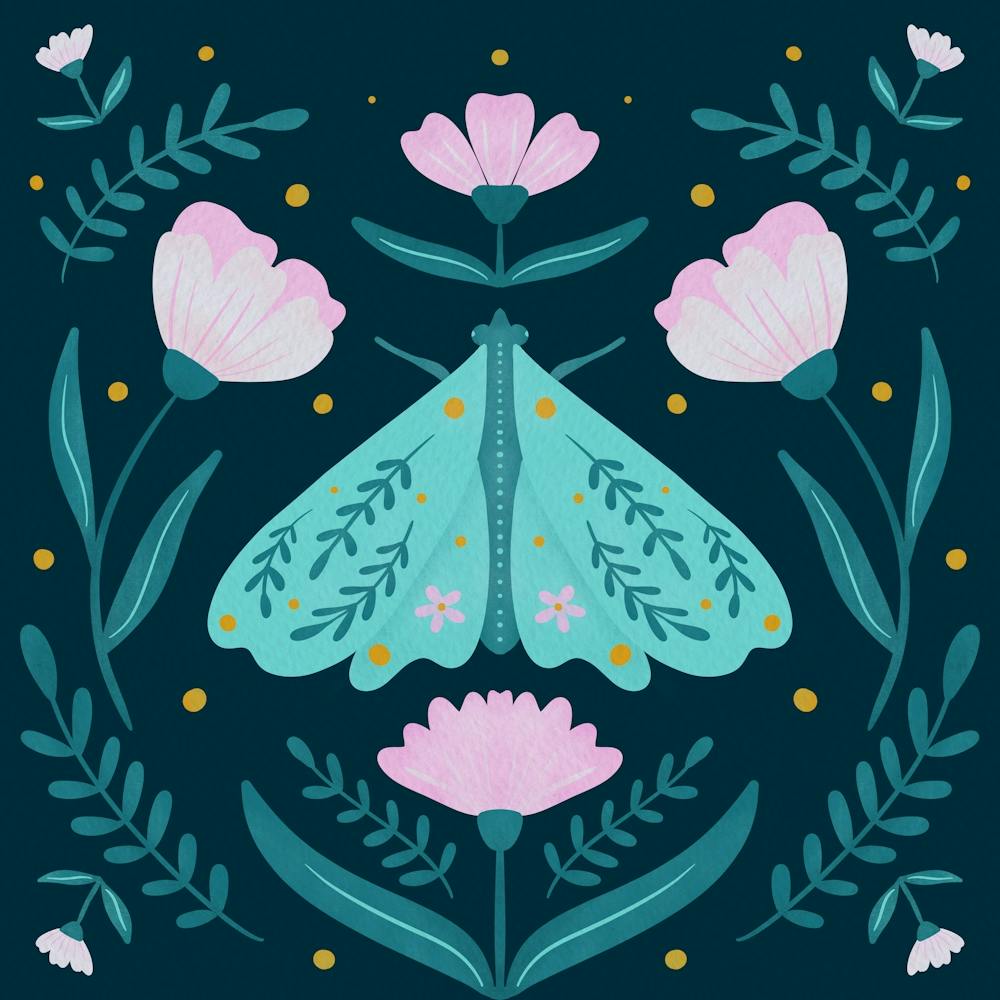 Moth and Flowers - turquoise and pink