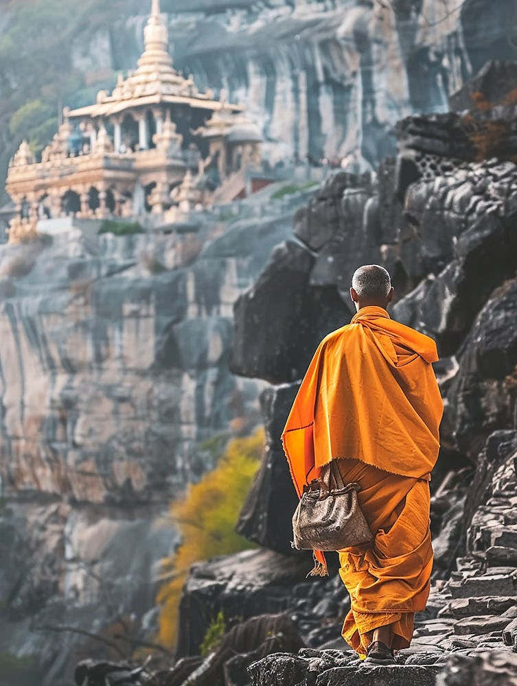 Monk Walking On Rocks