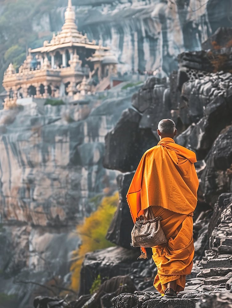 Monk Walking On Rocks