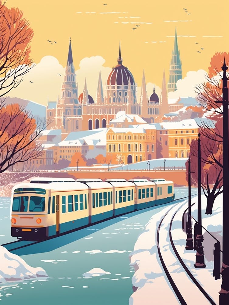 Vintage Winter Travel Illustration Budapest Hungary 2