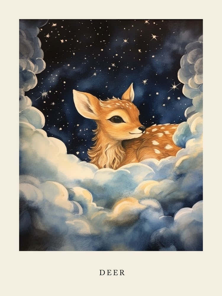 Baby Deer 5 Sleeping In The Clouds Nursery Poster