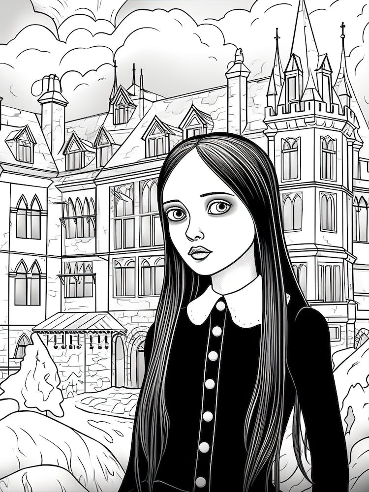 Nevermore Academy With Wednesday Addams And A Cat Line Art 4 Fan Art