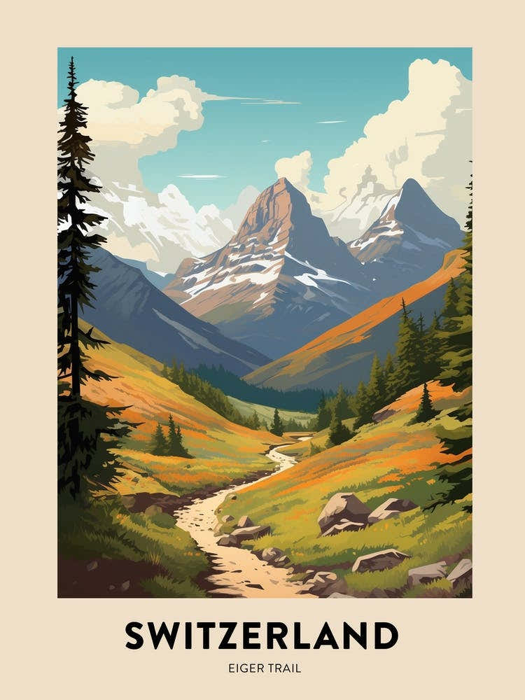 Eiger Trail Switzerland 2 Vintage Hiking Travel Poster