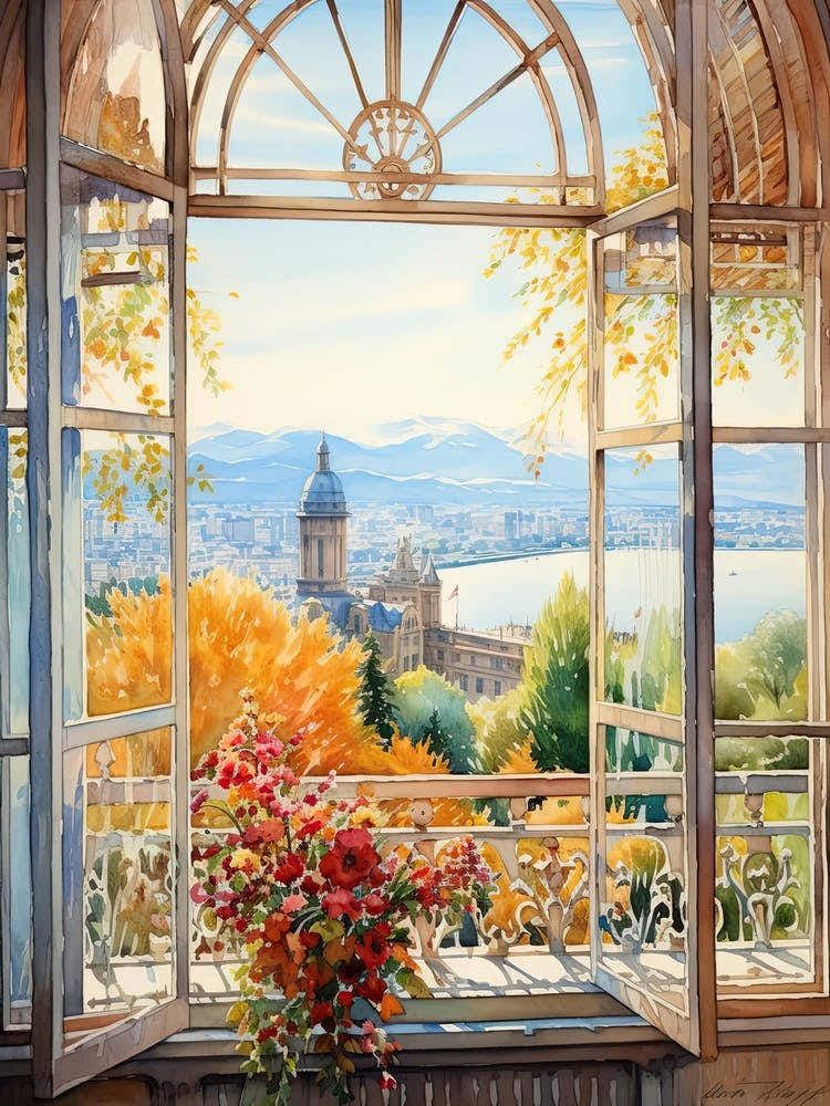 Window View Of Geneva Switzerland In Autumn Fall, Watercolour 1