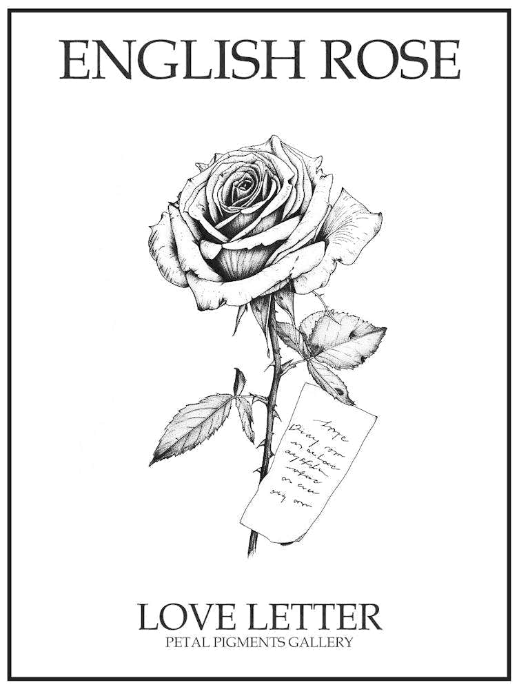 English Rose Love Letter Line Drawing 4 Poster