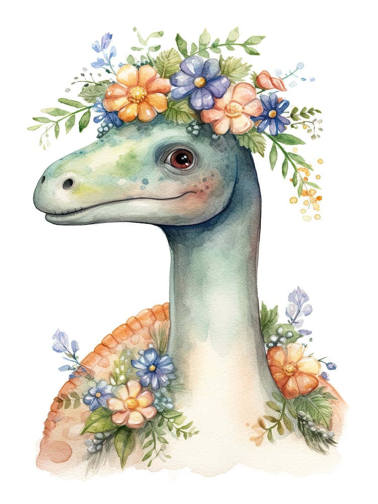 Diplodocus With A Crown Of Flowers Cute Dinosaur Watercolour 2