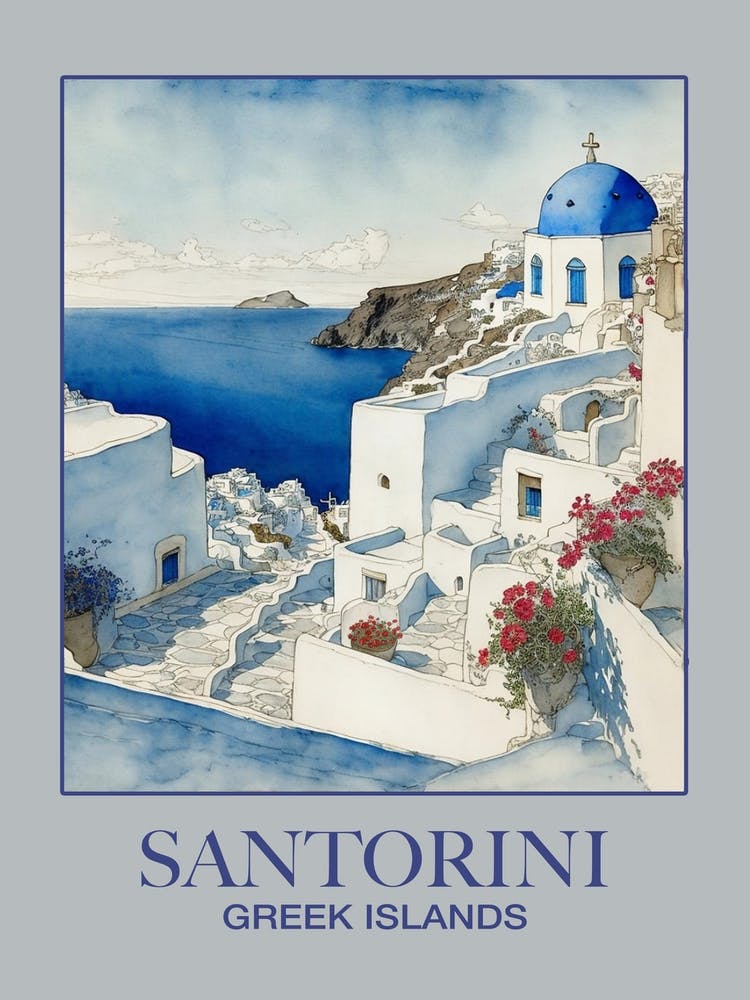 Santorini Greece Travel Poster Watercolor