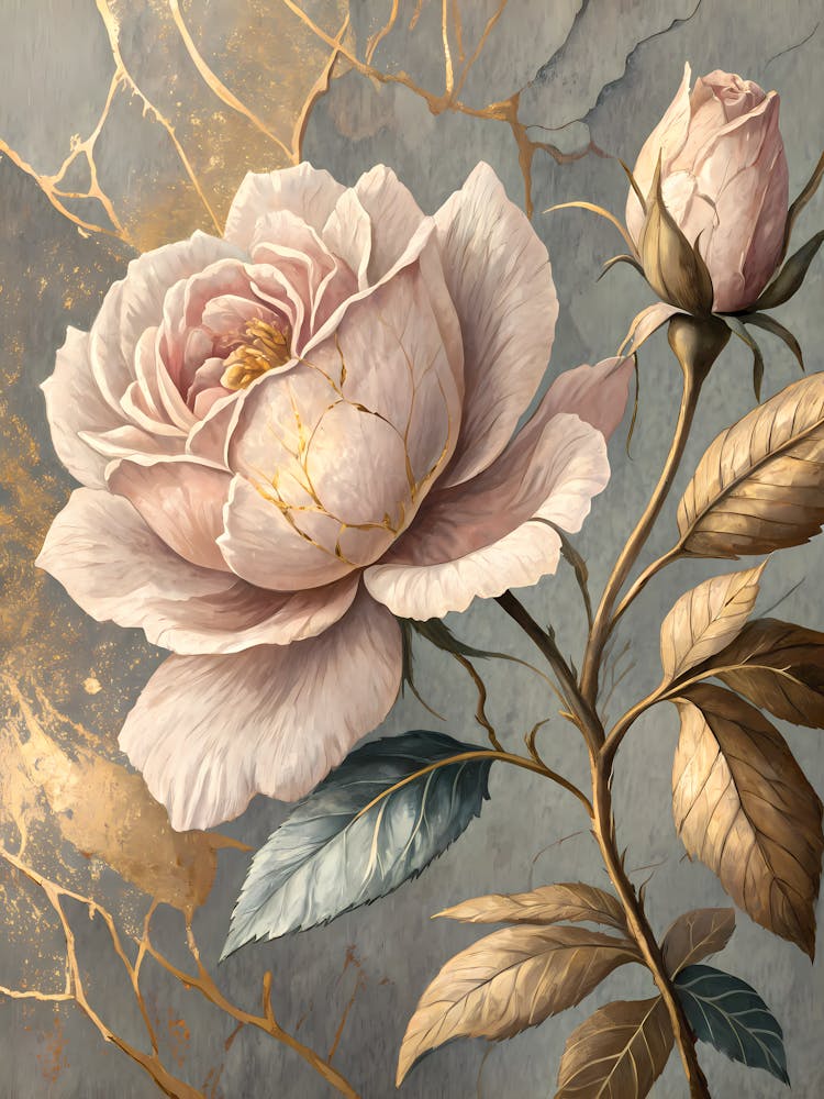 Oil Painting Style Muted Petals With Overlayed Gold
