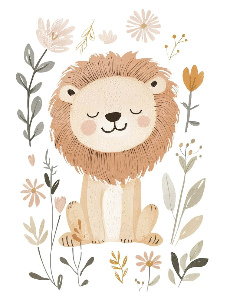 Lion With Flowers, Nursery Wall Art for Kids