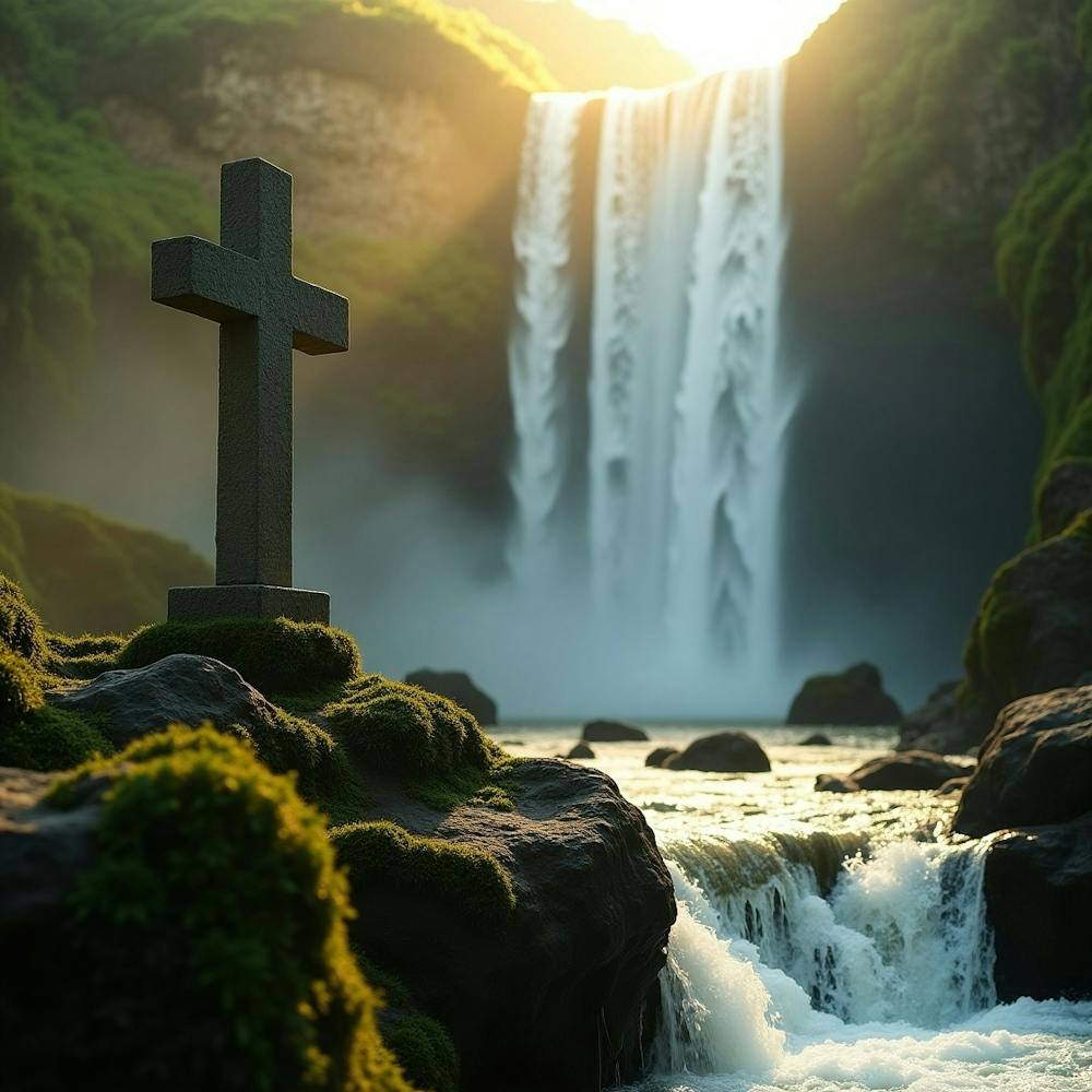 Cross In Front Of Waterfall 1