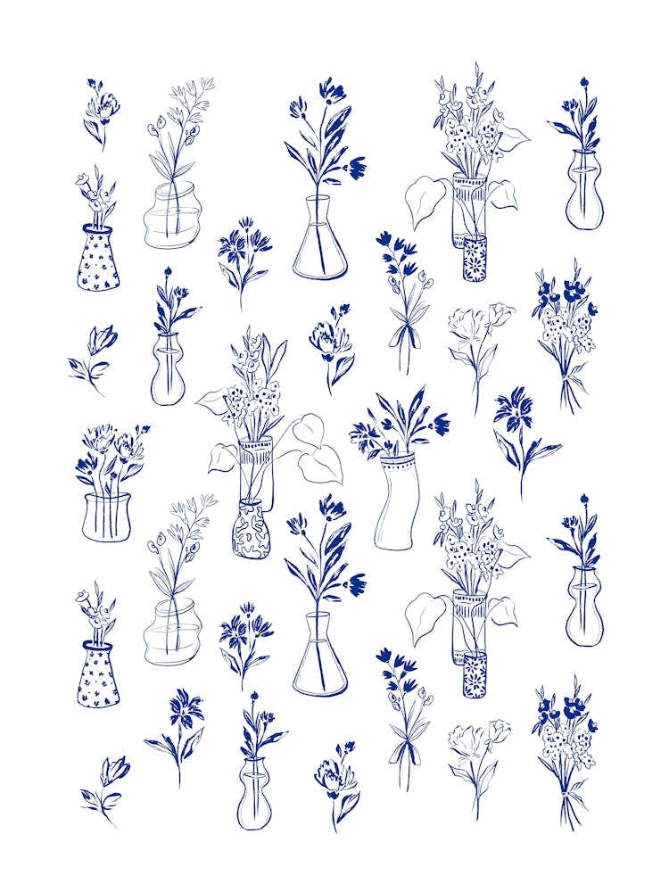 Flowers In Vases- Blue line pattern