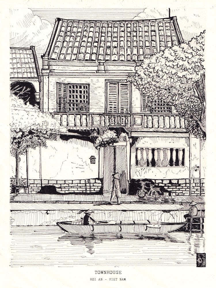 Hoi An Townhouse - Vietnam Fine Line Sketch - Black Line Illustration, Travel