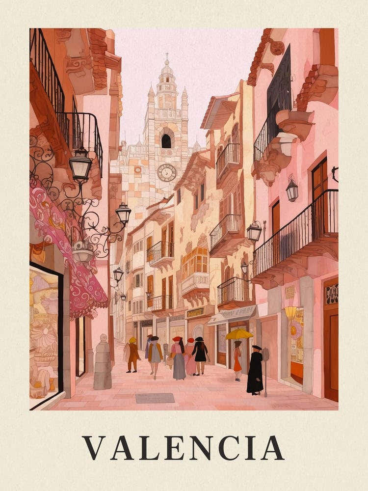 Valencia Spain 5 Vintage Pink Travel Illustration Poster