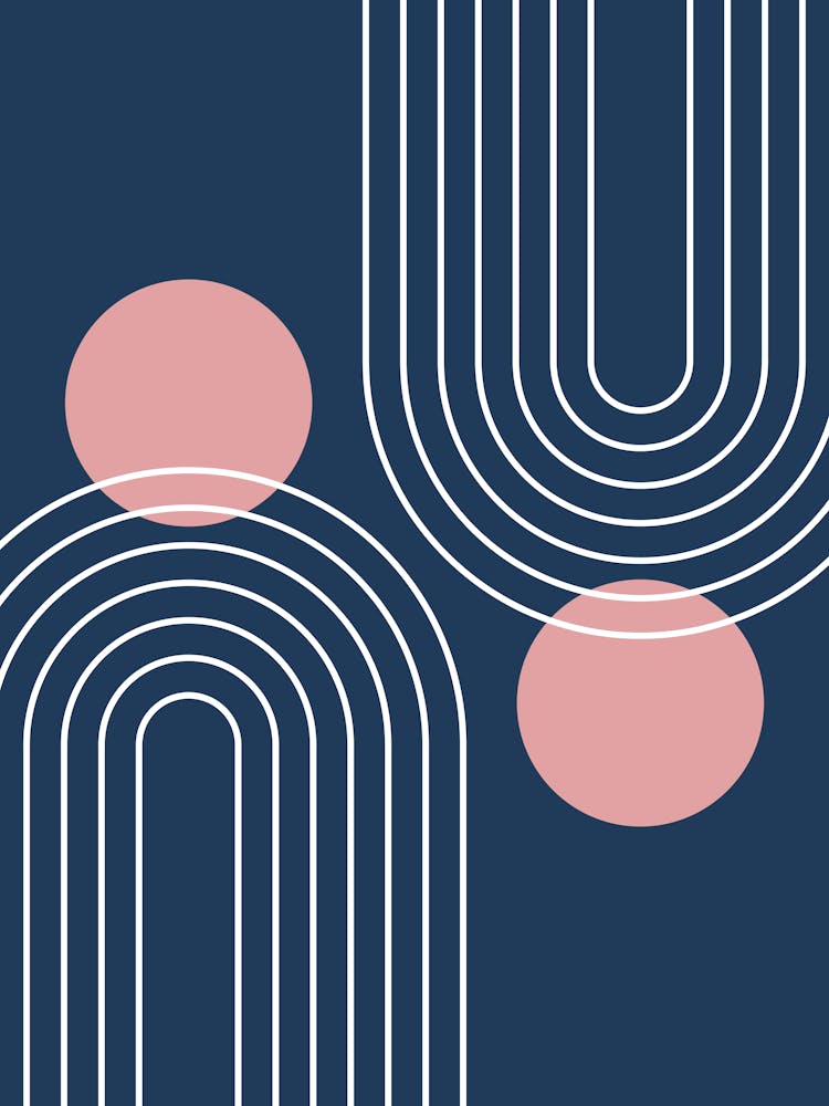 Mid Century Modern Geometric B13 In Navy Blue And Rose Gold (Rainbow And Sun Abstract) 01