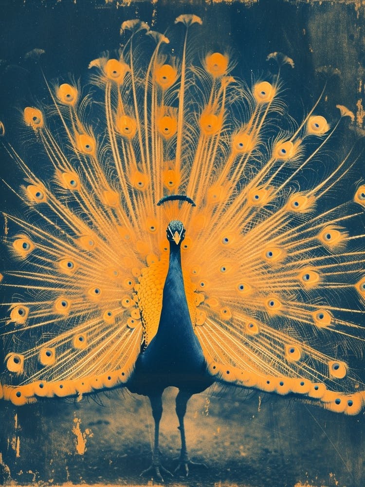 Orange & Blue Peacock With Feathers Out