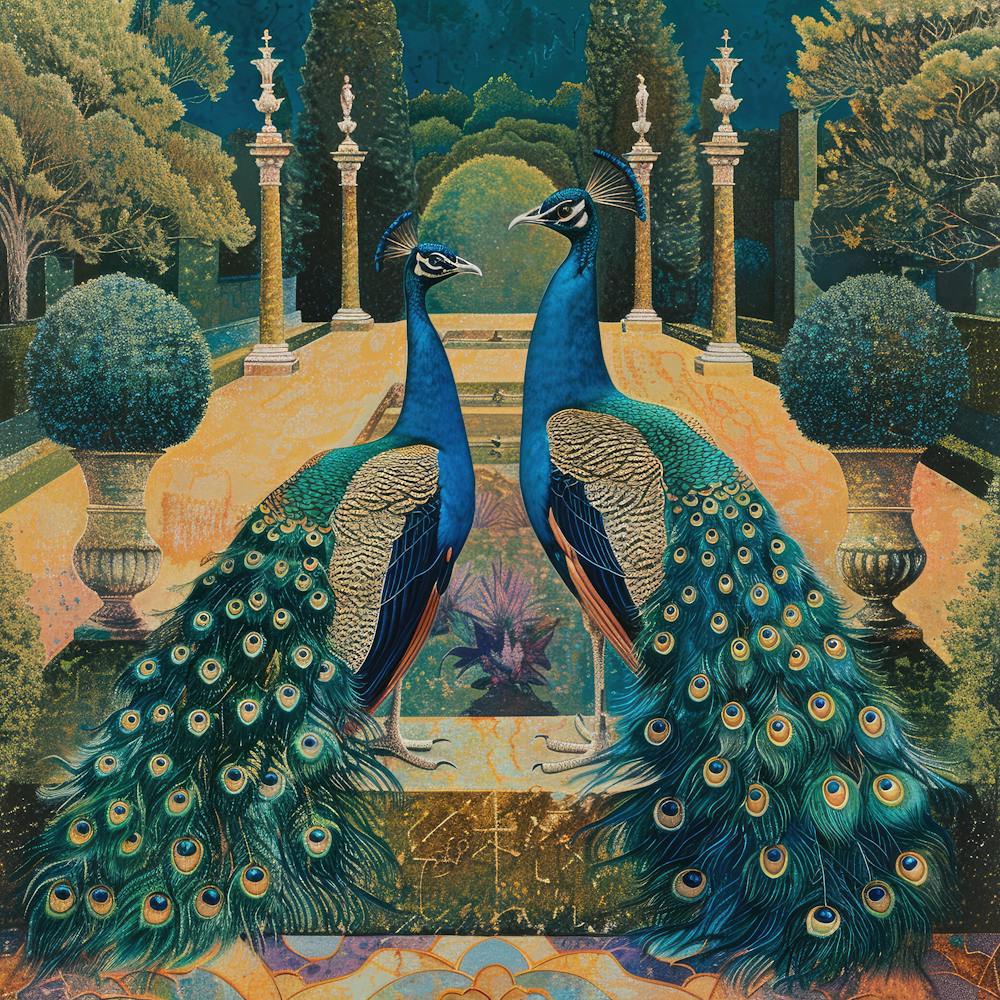 Peacocks in a Renaissance Garden Series. In Style of David Hockney 10