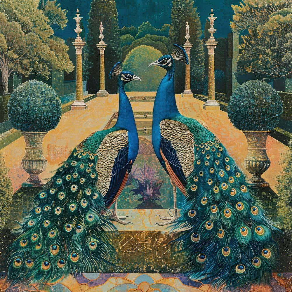 Peacocks in a Renaissance Garden Series. In Style of David Hockney 10