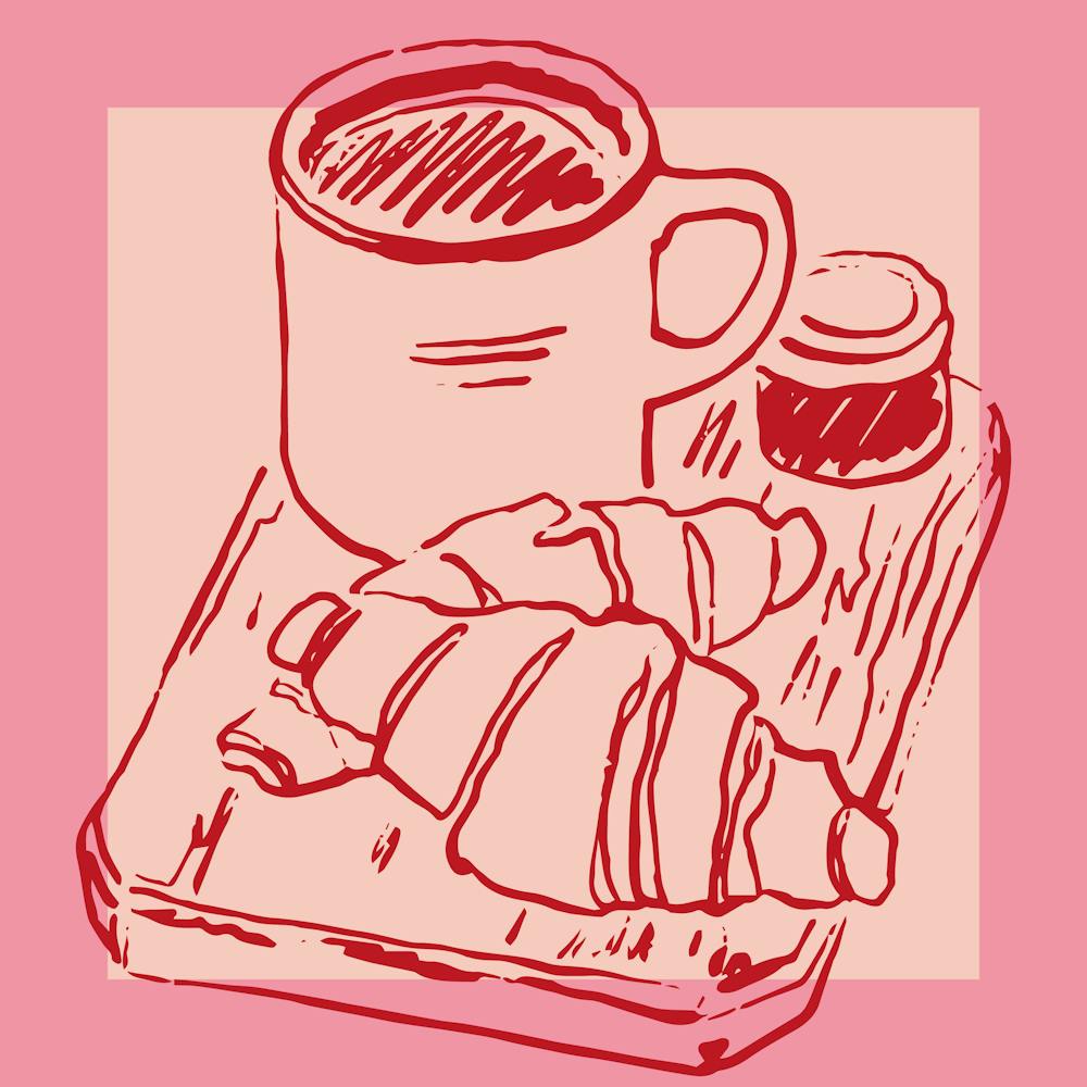 Square Pink Coffee And Croissants Art - Breakfast Nook Decor - Pink & Red Minimalist Art