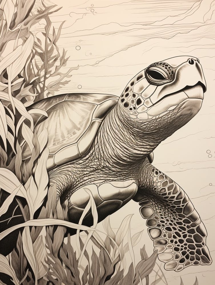 Sepia Illustration Sea Turtle Behind Seagrass