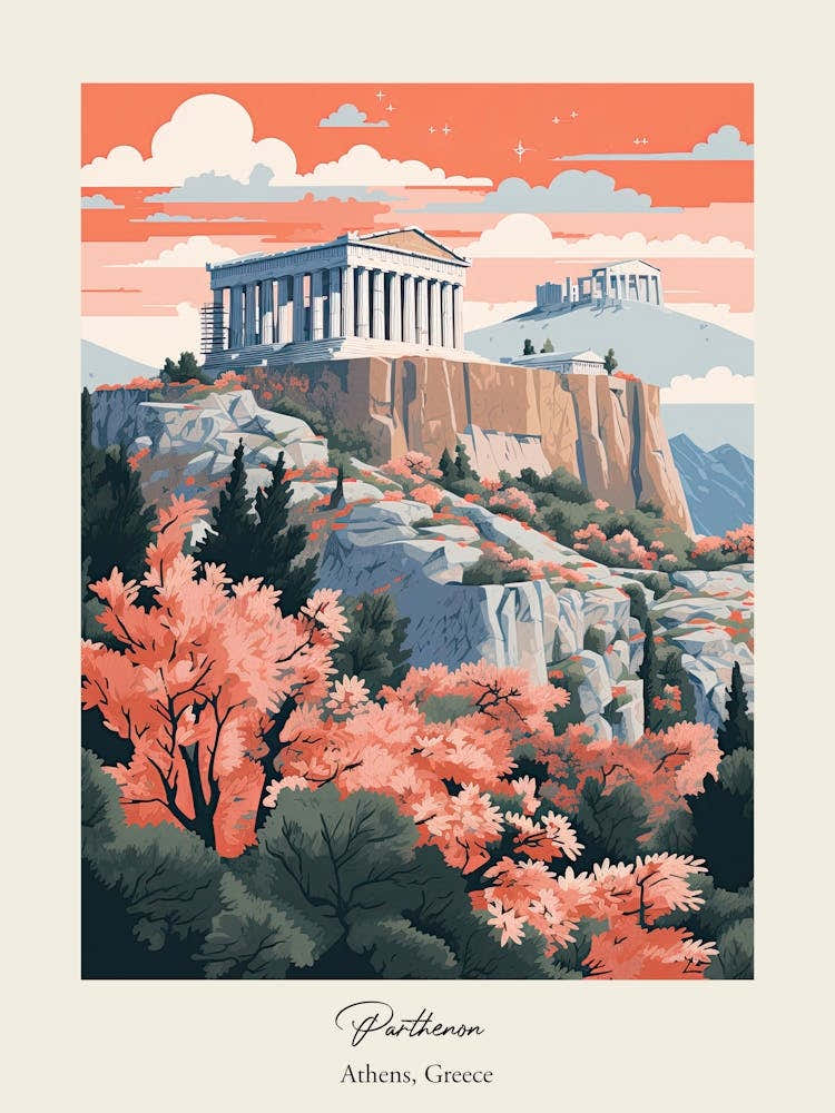 Parthenon   Athens, Greece   Cute Botanical Illustration Travel 1 Poster