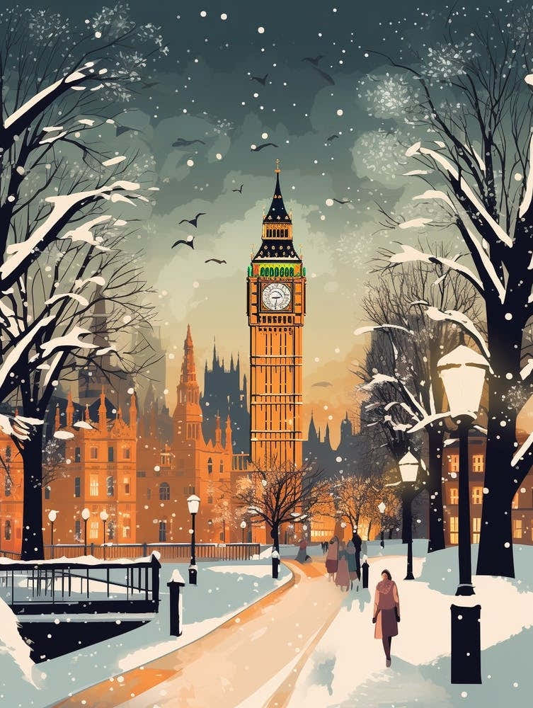 Winter Travel Night Illustration London United Kingdom 5