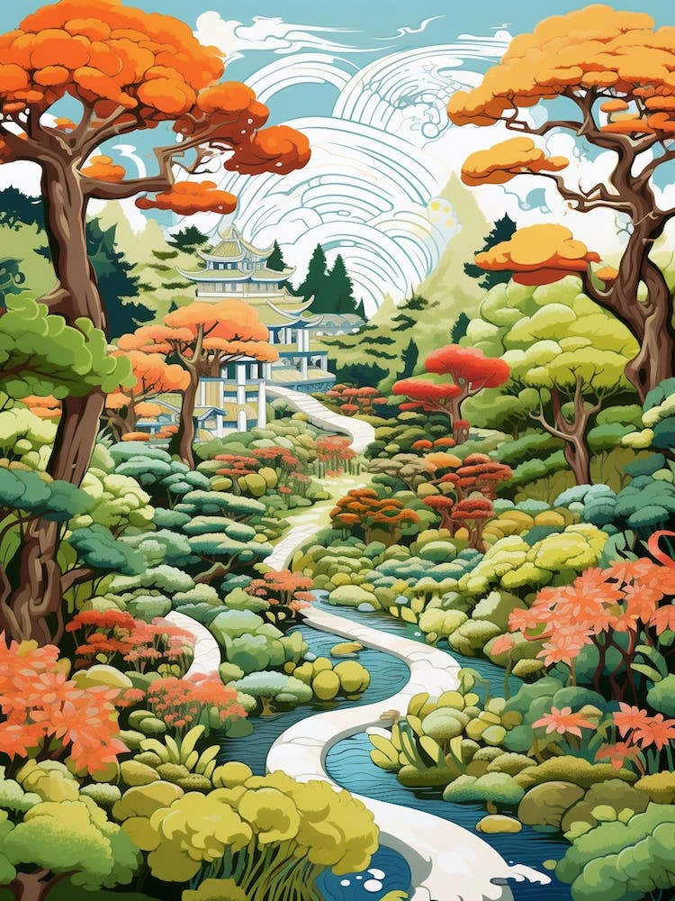 Portland Japanese Garden Usa Modern Illustration