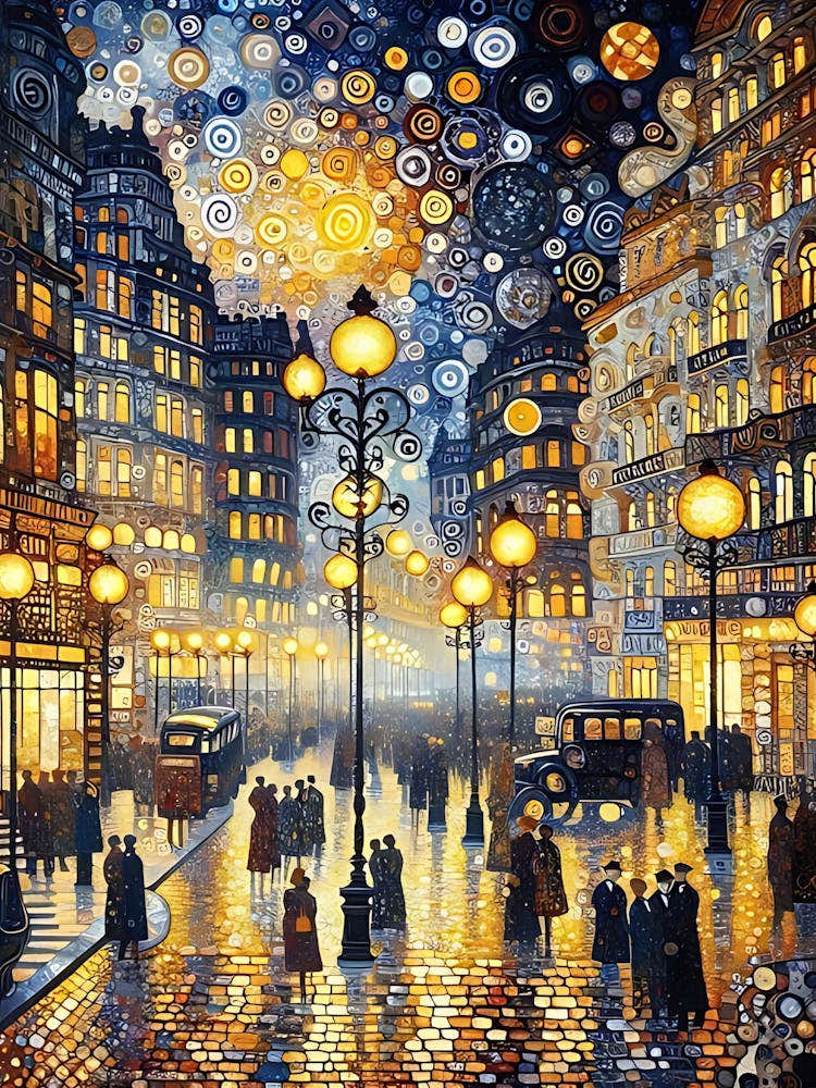 Walking In The Street At Night  Vintage Inspired By the style of Gustave Klimt