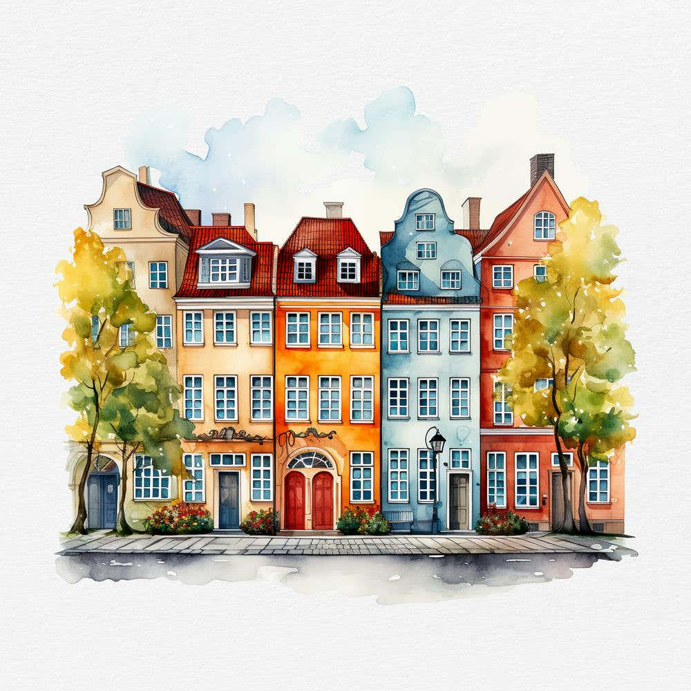 Watercolor Houses In Copenhagen