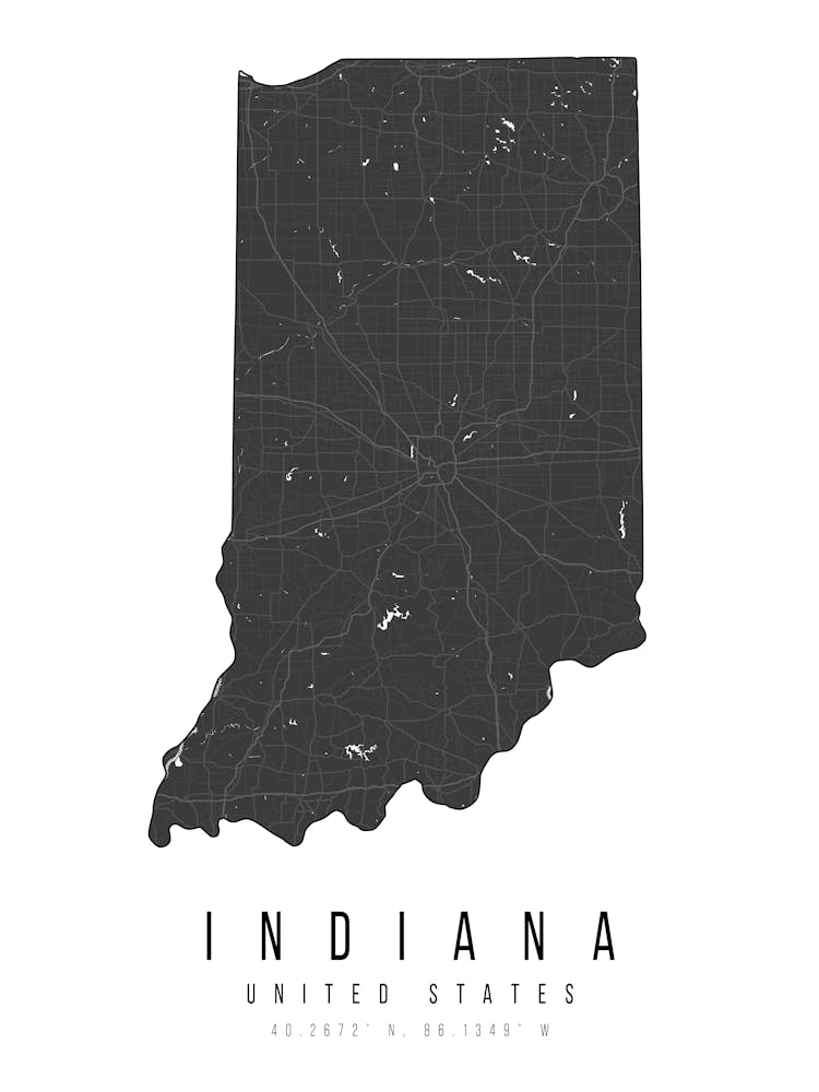 Indiana Mono Black And White Modern Minimal Street Map