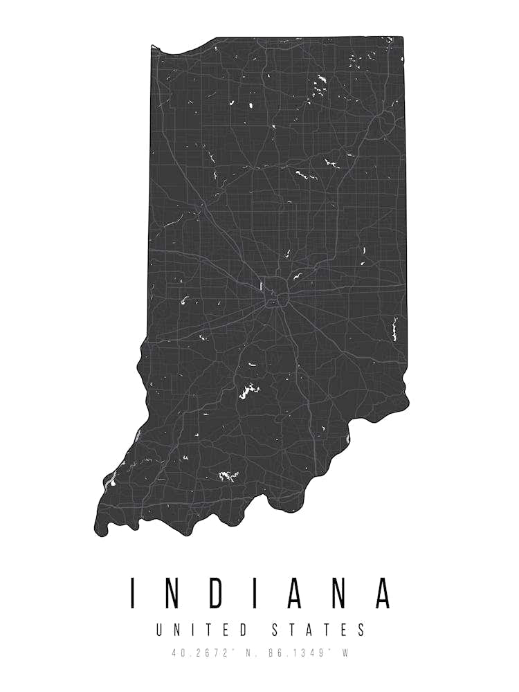 Indiana Mono Black And White Modern Minimal Street Map