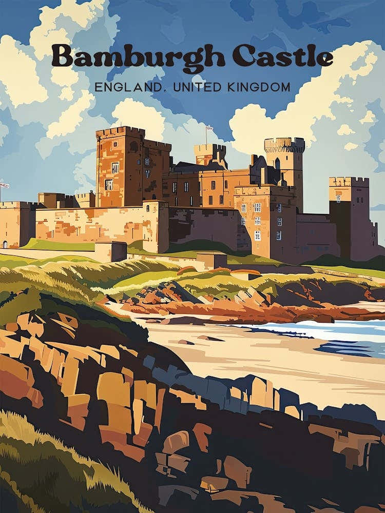 Bamburgh Castle England Vintage Art Illustration