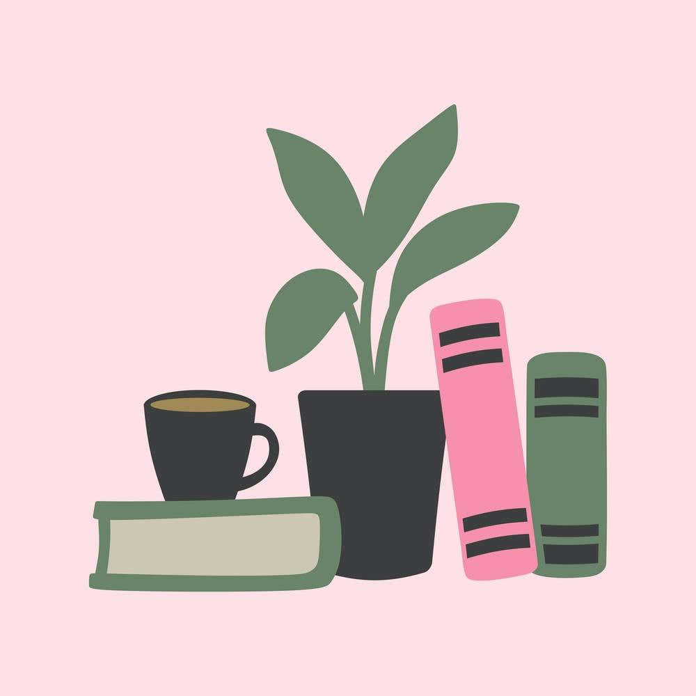 Books with coffee and plant