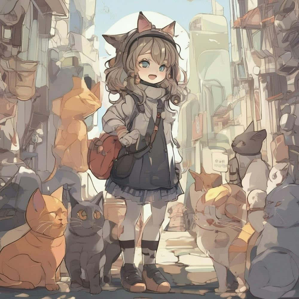 Anime Girl With Cats 1