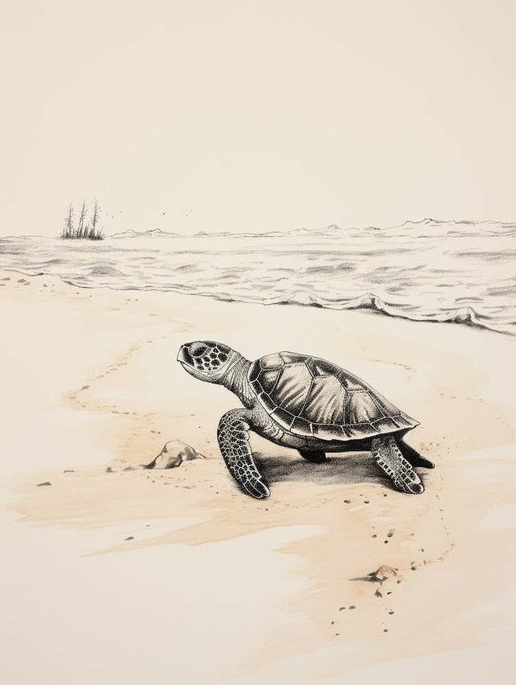 Detailed Sepia Sea Turtles On Beach  2