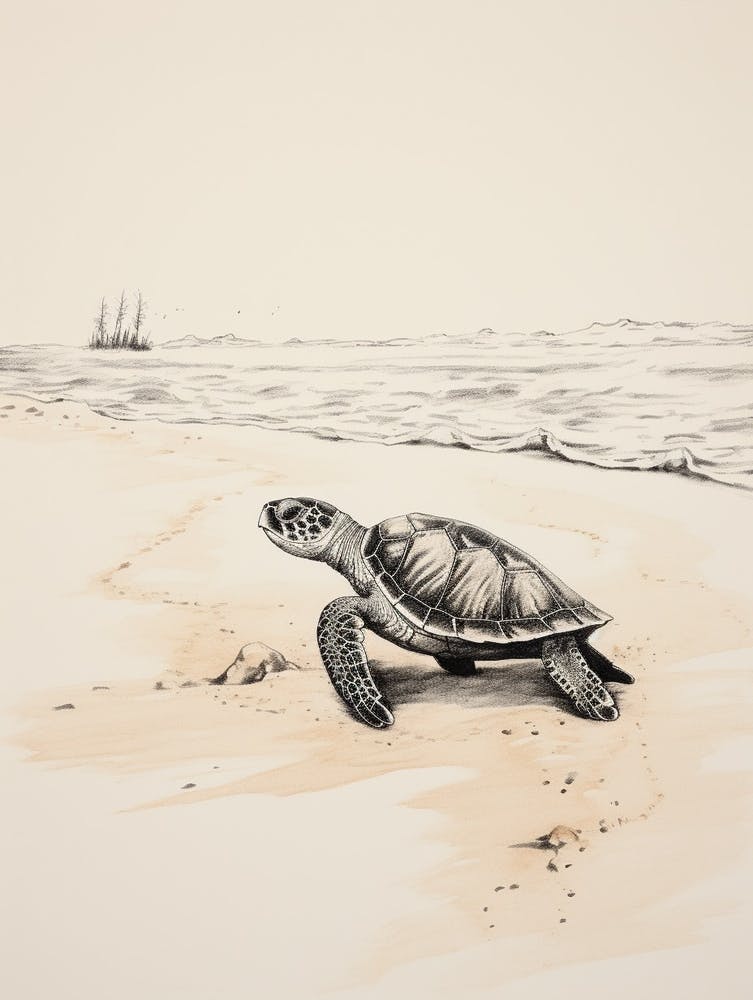 Detailed Sepia Sea Turtles On Beach  2