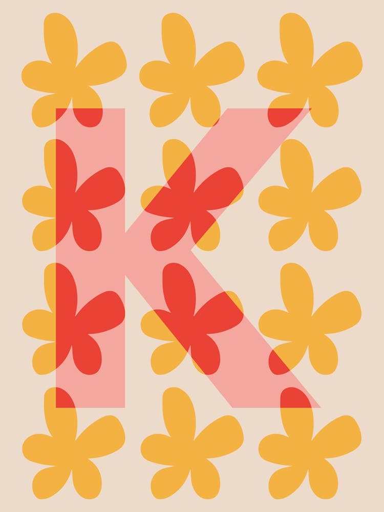 Alphabet Flower Letter K Print - Pink, Yellow, Red