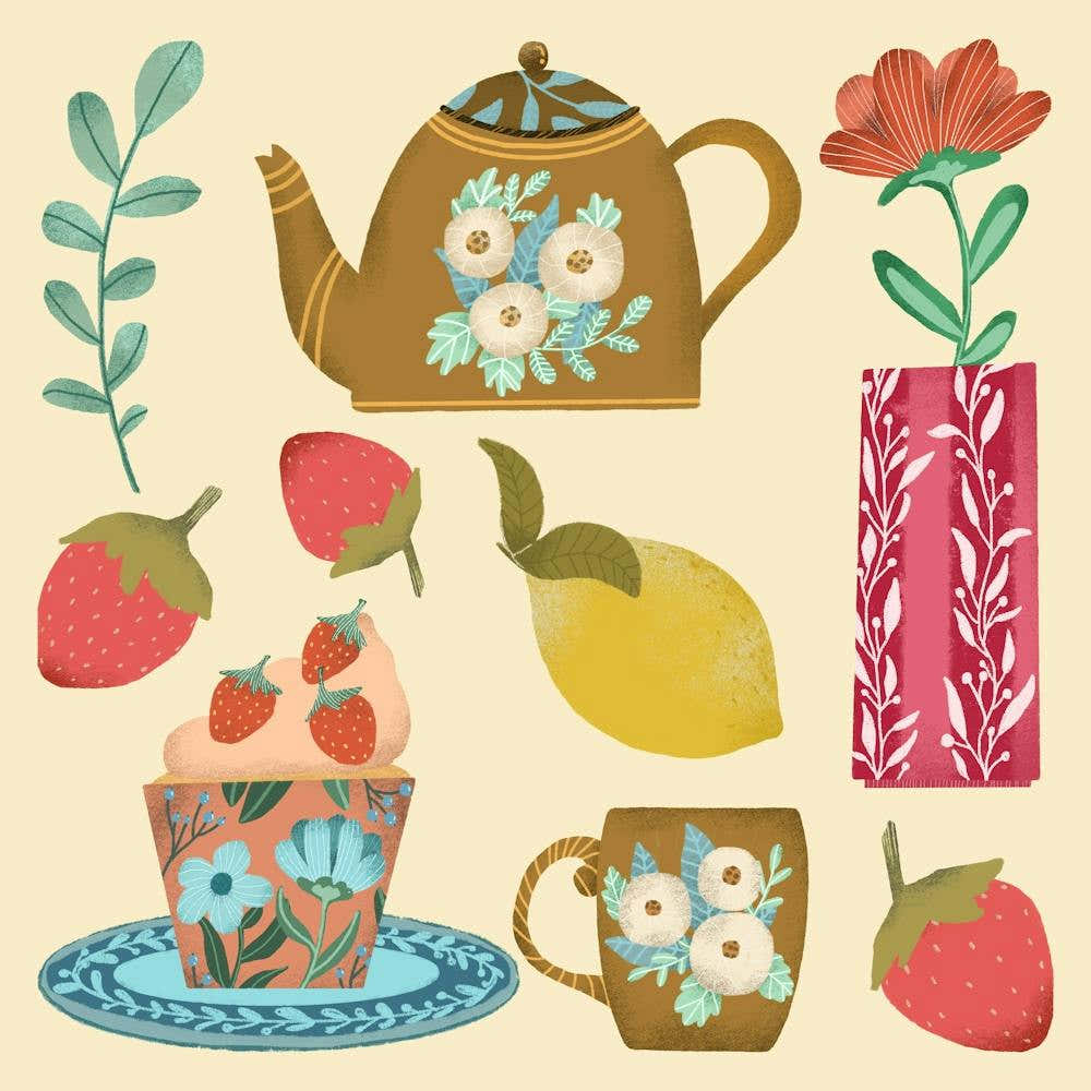 Illustrated Teapots And Flowers morning teatime artwork