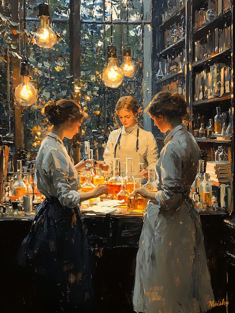 Women In A Laboratory, Impressionist Oil Painting – Inspired by Renoir