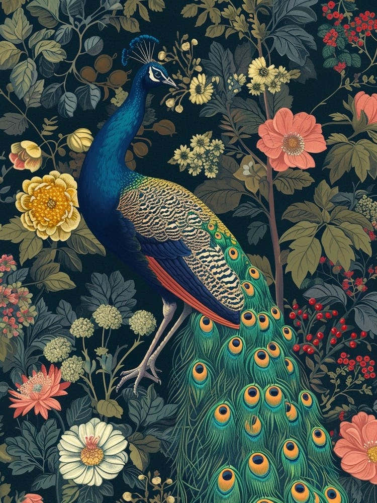 Navy Blue Vintage Floral Peacock 2