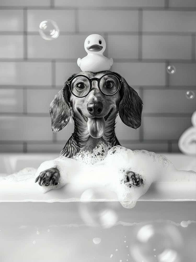Dachshund Bath Wall Art, Dog And Rubber Duck Bath Tub, Pet Art, Black And White Print, Dog Owner Gift, Funny Dog Poster, Bathroom Wall Decor