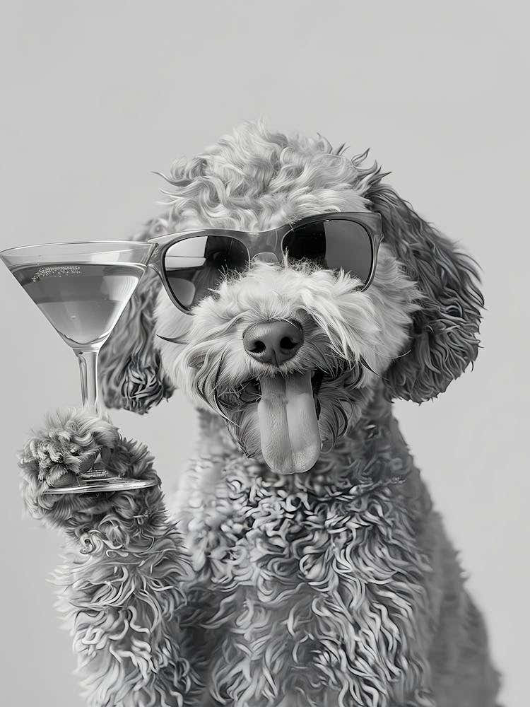 Goldendoodle Holding Cocktail Wall Art, Black And White Print, Groodle Gift, Martini Glass Print, Funny Dog Poster, Bar Cart, Kitchen Decor